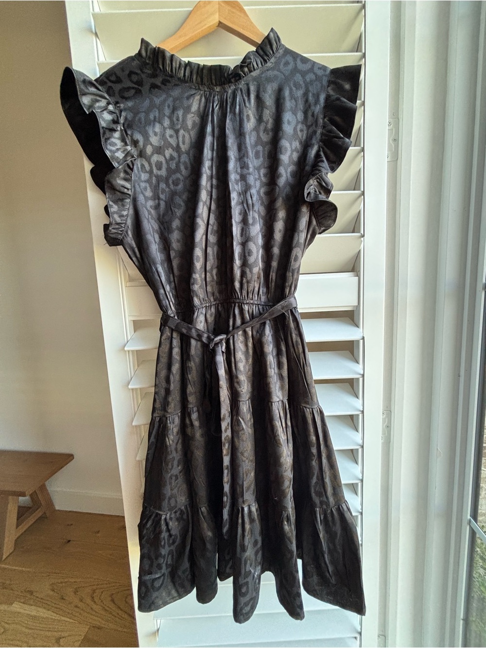 Ruffled Leopard-Print Tiered Midi Dress in Charcoal